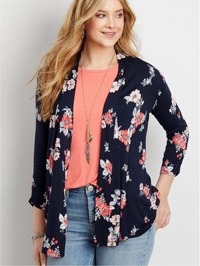 Maurices Navy Floral Cardigan with Crocheted details on the back